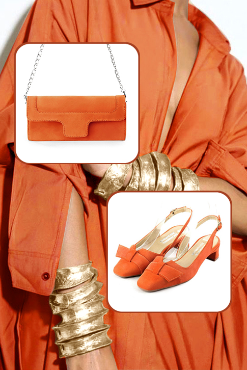 Clementine orange women's slingback shoes. Square toe. Low kitten heels. Top view - Florence KOOIJMAN